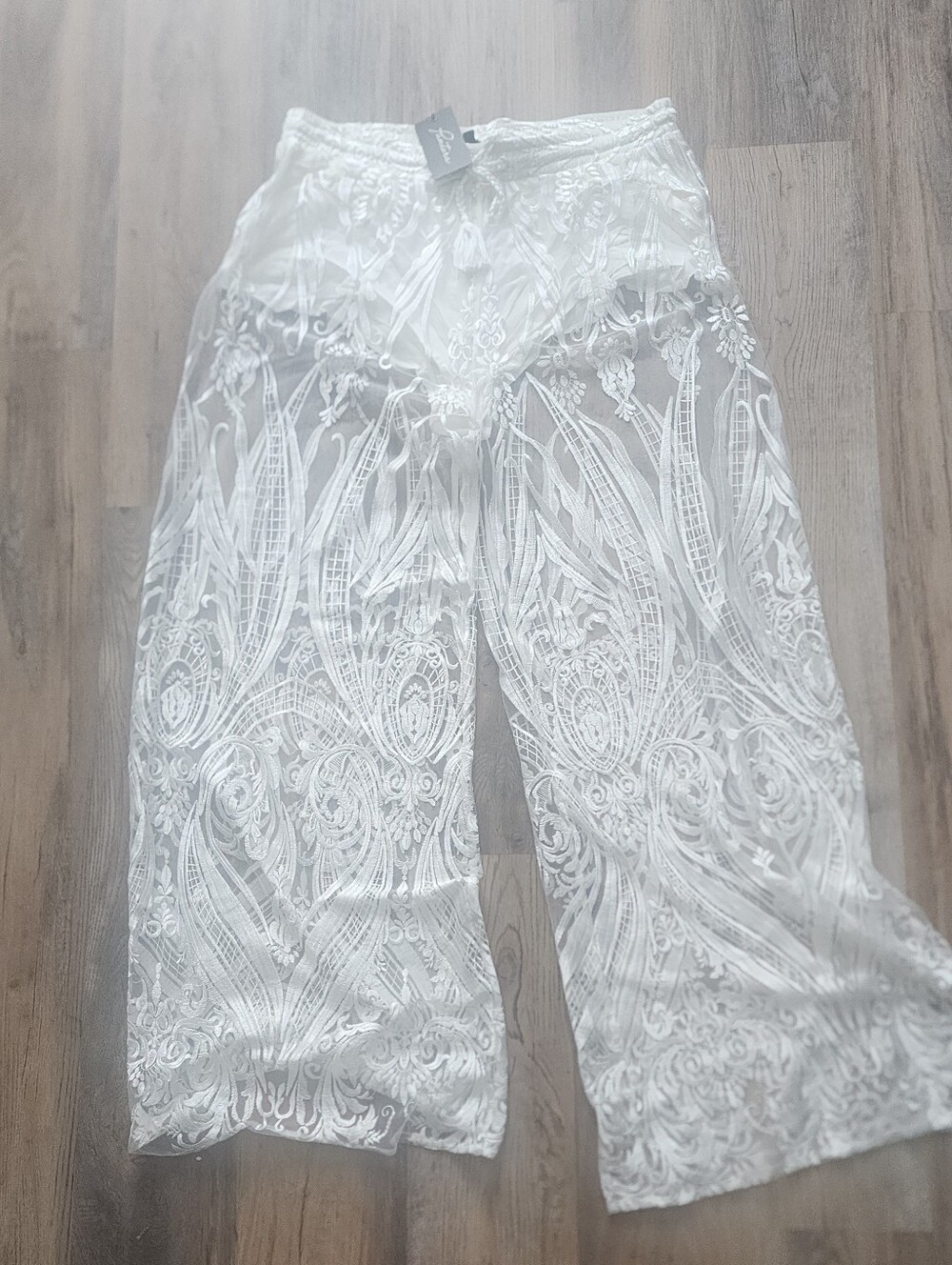 Sheer White Lace Wide-Leg Pants